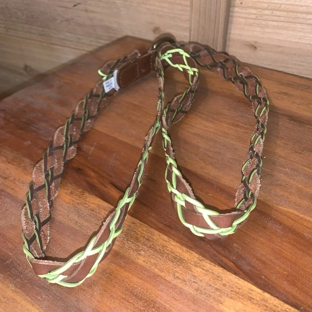 AEO American Eagle Outfitters Brown Chartreuse Braided Belt Bronze Tone Buckle L